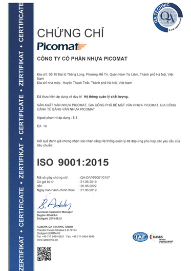 Ván nhựa Picomat đạt hệ thống quản lý chất lượng ISO 9001:2015